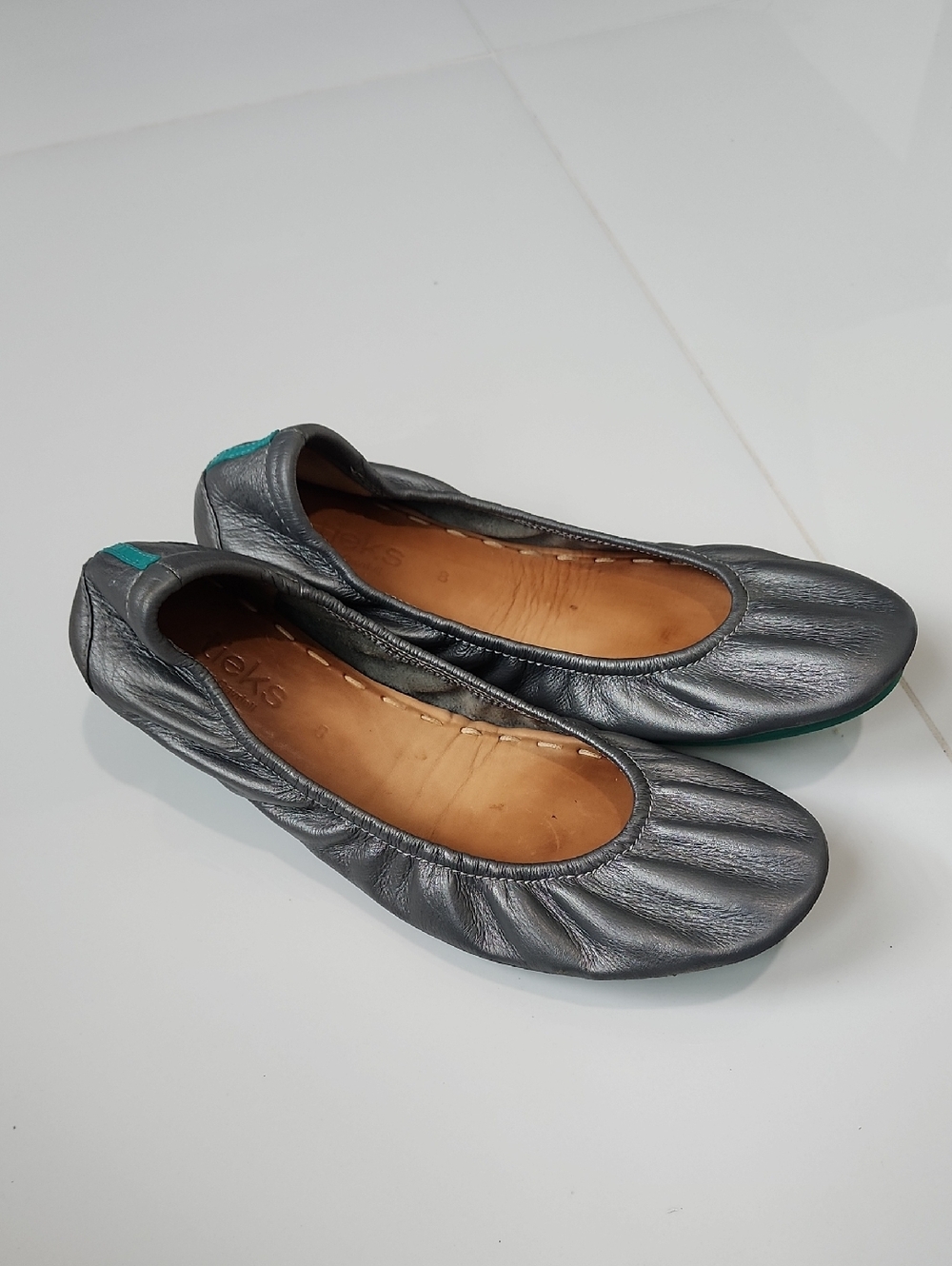 Tieks Leather Ballet Flats in Metallic Gray with Teal Accent